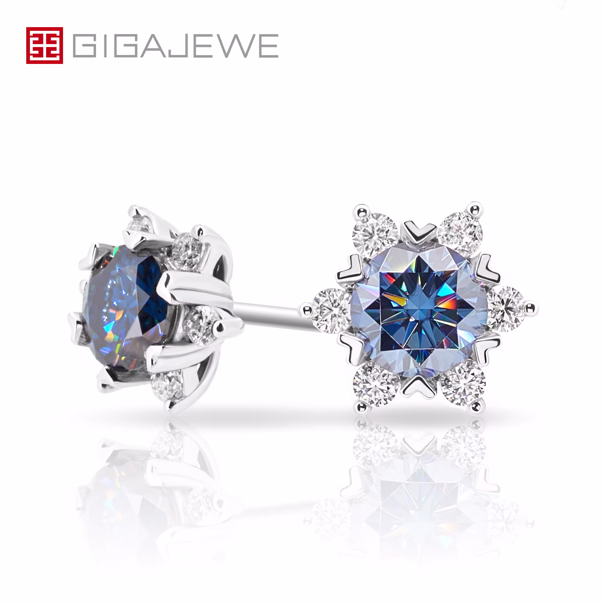 1.5Ct White Solid Gold 9K/14K/18K Earrings 5mm Round Cut Blue Color Push Back Moissanite, Snow Stud Earrings, Halloween Gift