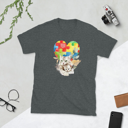 Autism Awareness Shirt, Watercolor Cat Mom With Autistic Spectrum Kitten Puzzle Piece Heart Love Kindness, Month T-Shirt