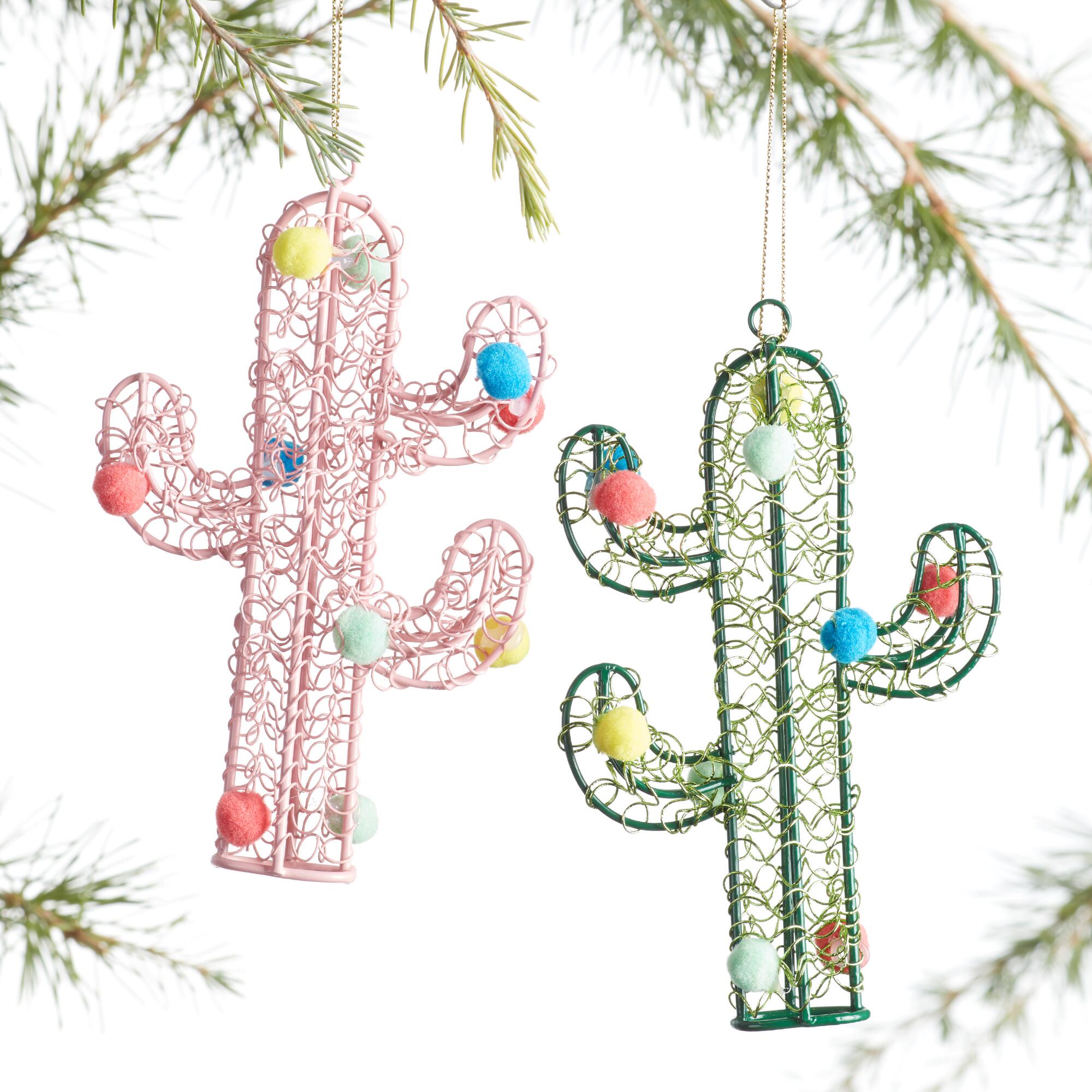 Green and Pink Metal Pom Pom Cactus Ornaments Set of 2: Multi by World Market
