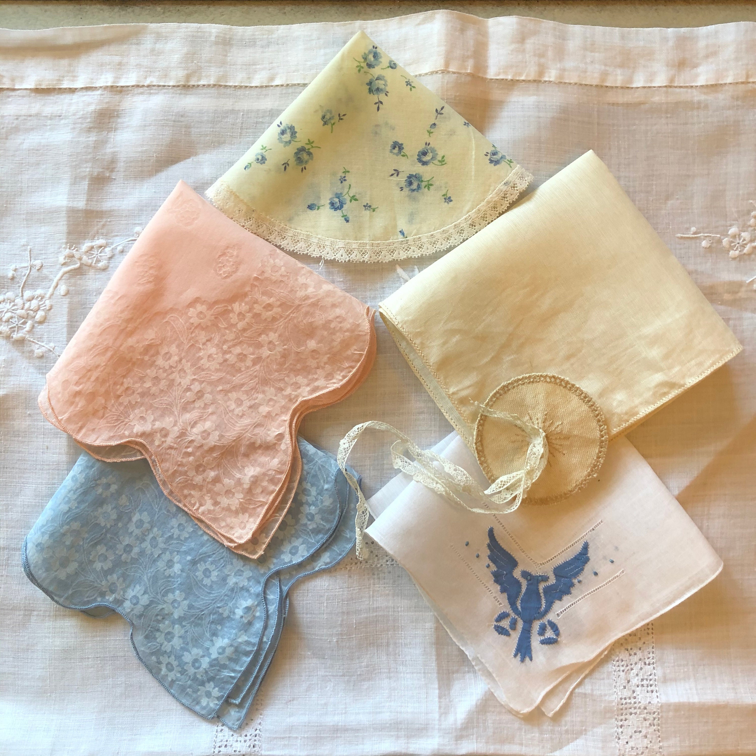 Lot Of 5 Linen & Poly Blend Hankerchiefs