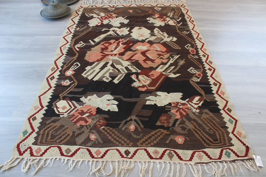 Vintage Floral Kilim Rug, Brown Kilim, Ethnic Small Karabagh, Karabakh/N-915 4'6"x6'5" Feet