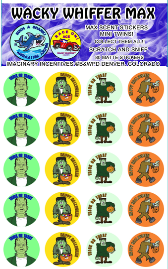 Wacky Whiffer Whiffers Matte Max Scent Scratch & Sniff Stickers. New Halloween Frankenstein Spearmint Mini Twins & Stickers