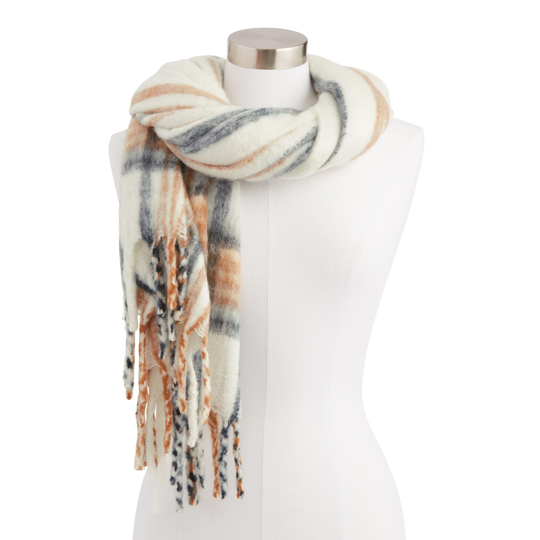 White, Rust Orange And Black Plaid Scarf: Natural by World Market