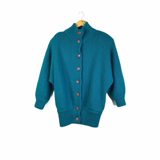Vintage 80's Teal Blue Green Mohair Blend Batwing Sweater Jacket, Size M