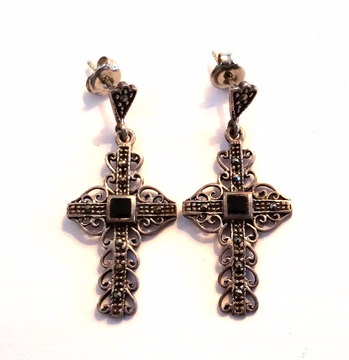 sterling Silver Marcasite Black Onyx Cross Earrings