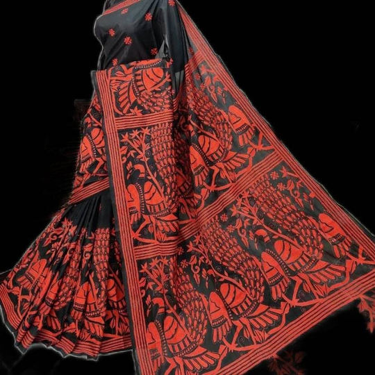 Hand Kantha Stitch Saree On Blended Bangalore Silk With Blouse Piece Handloom Saree