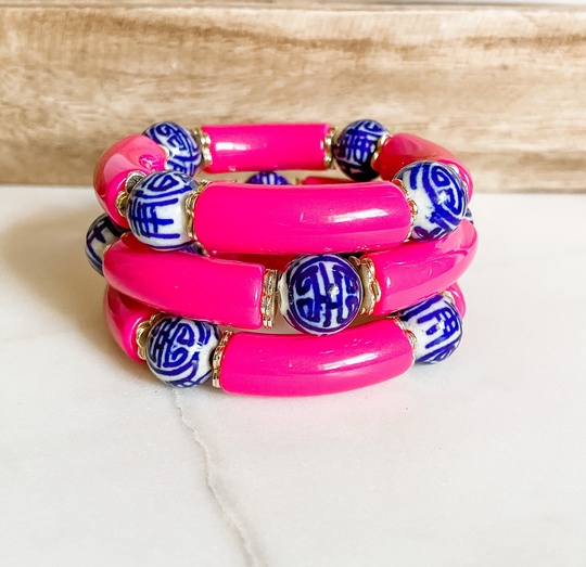 Grand-Millennial Chinoiserie Bracelet, Pink & Blue Tube Bead Women's Bracelet