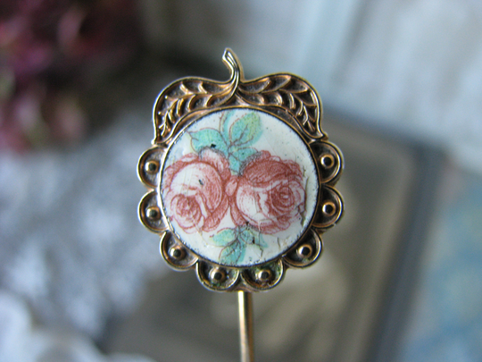 Vintage Stick Pin, Rose Victorian Style Enamel Antiqued Pin