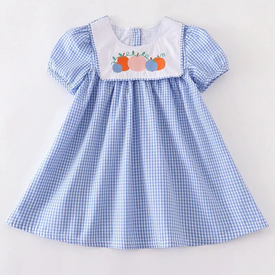 Adorable Embroidered Pumpkin Blue Gingham Dress