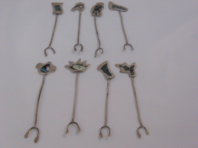 Vintage Mexico Alpaca Silver Seafood, Cocktail Hor D'ouvre Forks Abalone, Set Of Eight, 1950S Mid Century Barware, Party