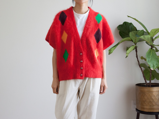 Oversized Red Fuzzy Angora Blend Knit Vest Sweater/Fits S M L