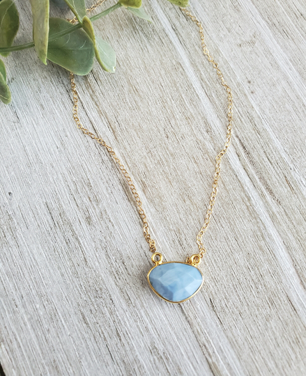 Opal Necklace, Gold Filled Geometric Layering Gemstone Gift For Her, Blue Necklace