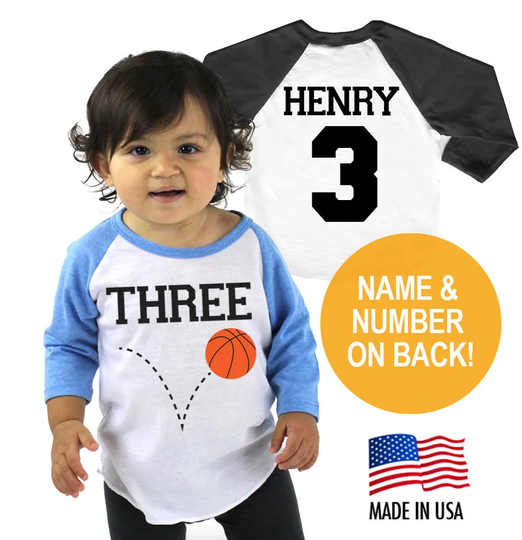 Basketball 3rd Birthday Twins Tri-Blend Raglan Baseball Shirt - Personalized Name & Number On Back Infant, Toddler Sizes