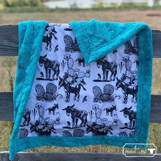 Black & White Burros With Turquoise Hide Minky Baby, Youth, Adult Sized Blanket By The Handmade Heifer