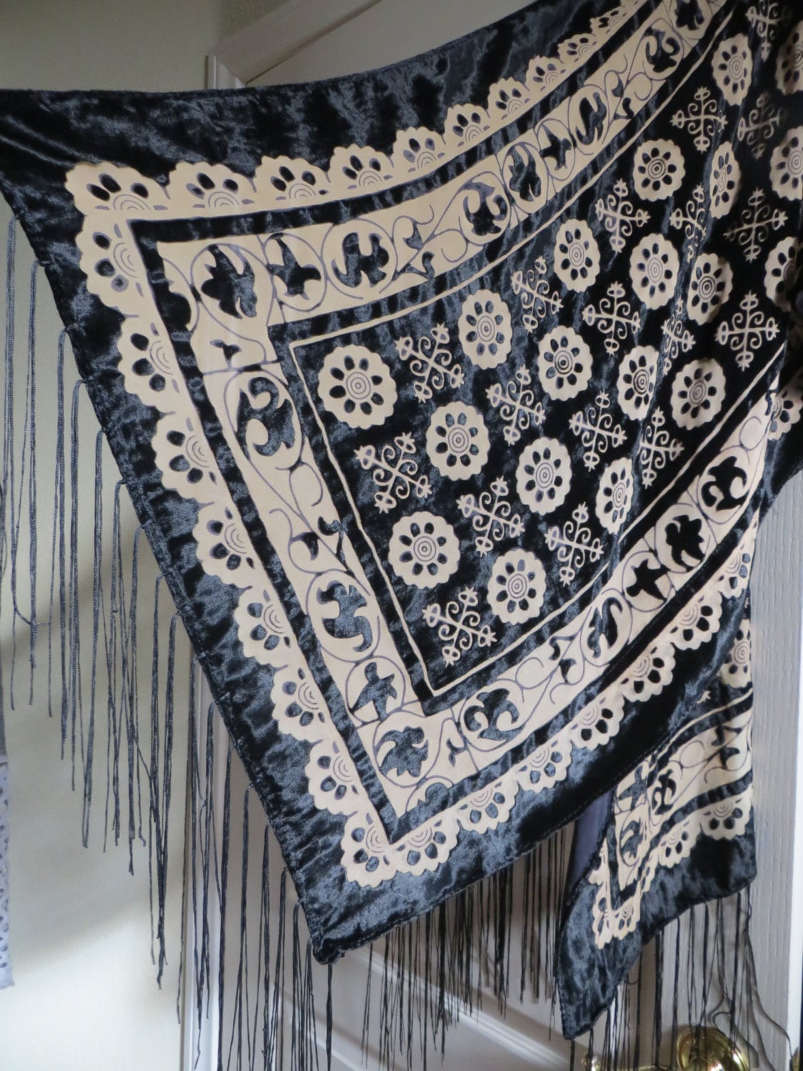 Holiday Silk-Blend Kimono, Black Fringe Evening Kimono Jacket, Burnout Velvet Boho