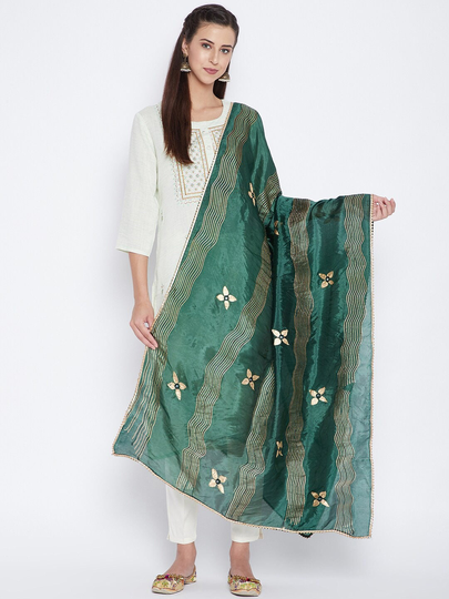 Women's Silk Blend Green & Gold-Toned Embroidered Dupatta With Mirror Work Free Shipping