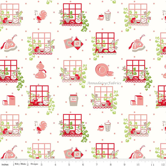 Retro Kitchen Fabric, Riley Blake Cook Book C11756, Window, Aprons, Dishes, Rooster, Reproduction Feedsack Quilt Fabric By The Yard, Cotton
