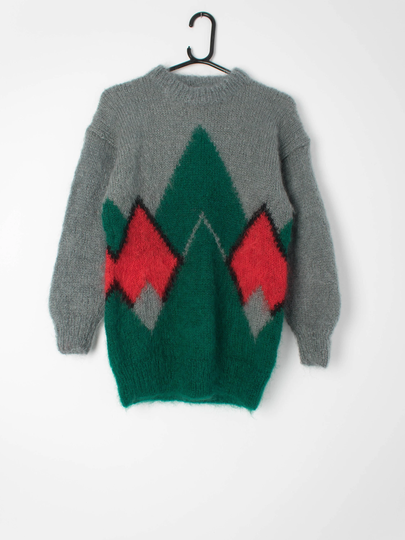 Vintage 1980S Mohair Blend Jumper in Grey With Bright Argyle Pattern Red & Green - Xs/Small