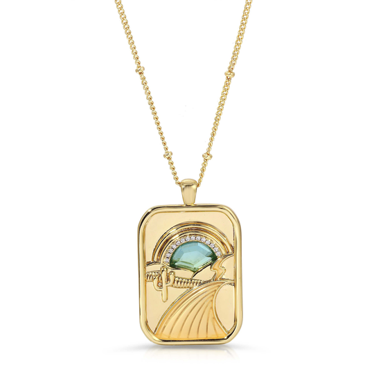 Turquoise Desert Dream Gemstone Necklace, Gold Boho Rectangle Medallion Landscape Charm Tag