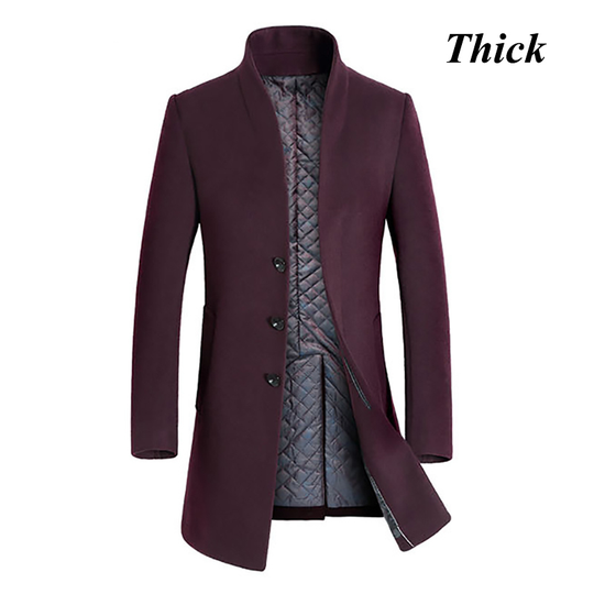 Winter New Men's Fine Wool Blend Solid Color Casual Business Stand Collar Woolen Coats / Male Slim Windbreaker Coat Men Jackets - wine red thick, xxxl