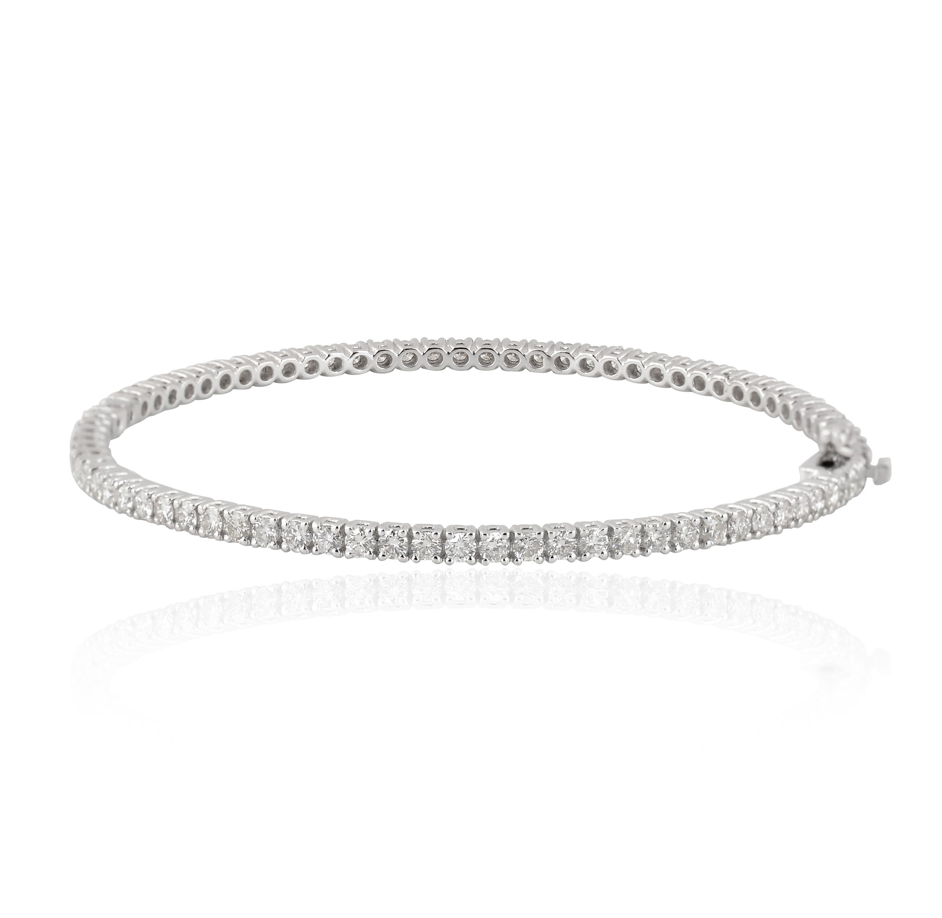 New Single Line Natural 3.6 Carat Round Diamond Bangle Solid 14K White Gold Sleek Bracelet Handmade Jewelry