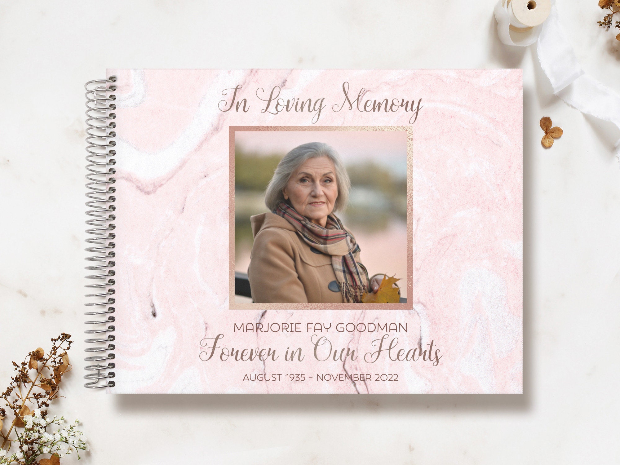 Funeral Guestbook | Remembrance Guest Book Memorial Personalized Registry Blush Marble