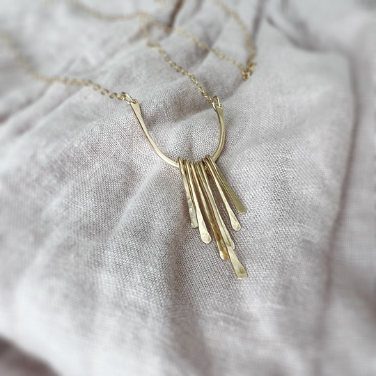 Long Starburst Layering Necklace, Boho Fringe Hammered Gold Gift For Her