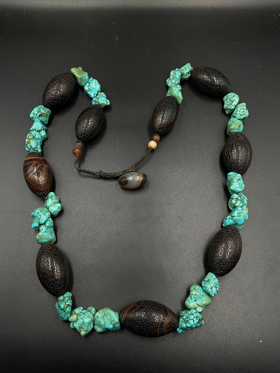Beautiful Old Vintage Tibetan Turquoise With Ancient Suleimani Aqeeq Agate Healing Stone Beaded Necklace