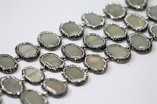 15x20mm Faceted Center Drilled Hexagonal Gray Moonstone Wrapped With Pave Rhinestones Gemstone Bead Strand | 15.5 Inches Long