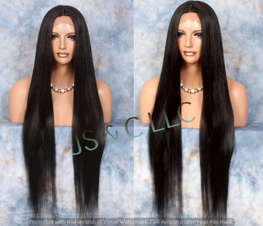 45" Human Hair Blend Lace Front Wig Hand Tied Center Part Straight Heat Safe Black Cancer/Alopecia/Cosplay/Anime/Emo