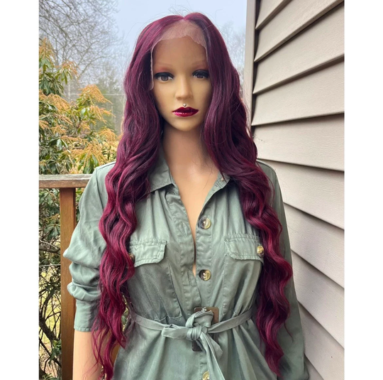 Long Wavy Burgundy Lace Front 13x6 Parting Human Hair Blend Daily Wig