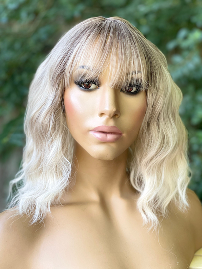 Human Hair Blend Wig Blonde Bob Wig Ombré Hair 10" Full Cap