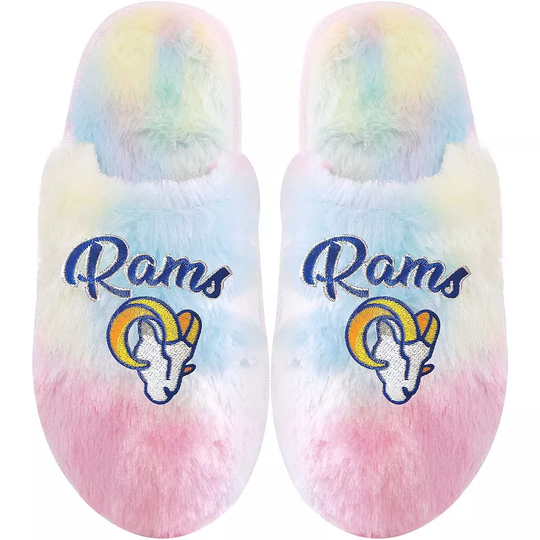 Youth FOCO Los Angeles Rams Rainbow Script Slippers, Kids Unisex, Size: 5, Multicolor