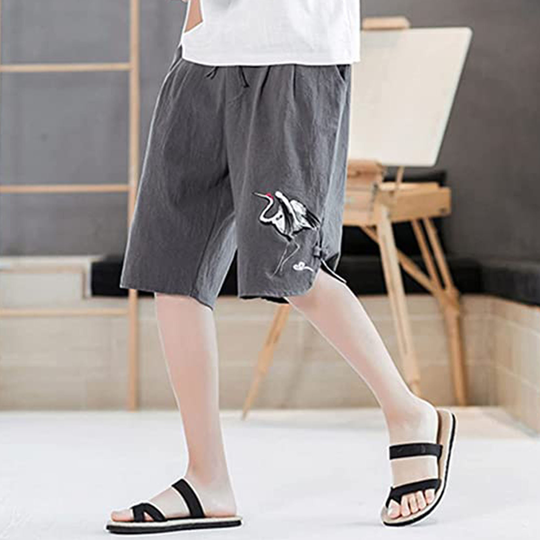 Men Crane Embroidery Linen Blend Shorts Loose Fit Summer Beach Casual Retro Half Pants