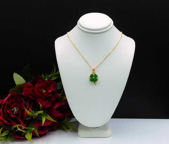 Green Jade Clover Necklace, Pendant, Jewelry Gift, Emerald Charm Good Luck Jade, Gold Filled