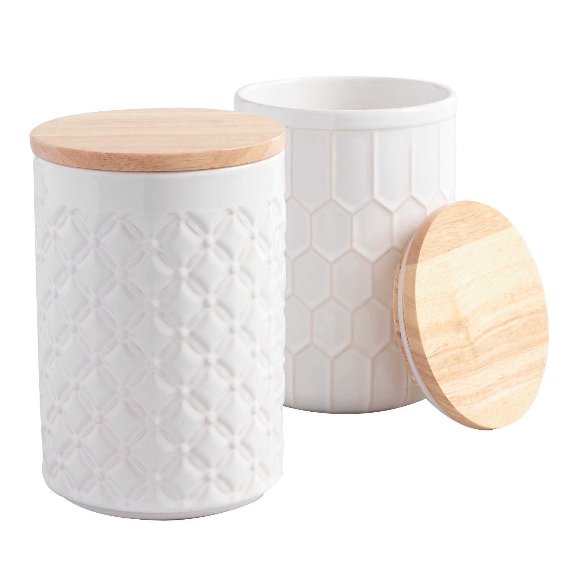 White Textured Ceramic Canisters with Bamboo Lids Set of 2 by World Market