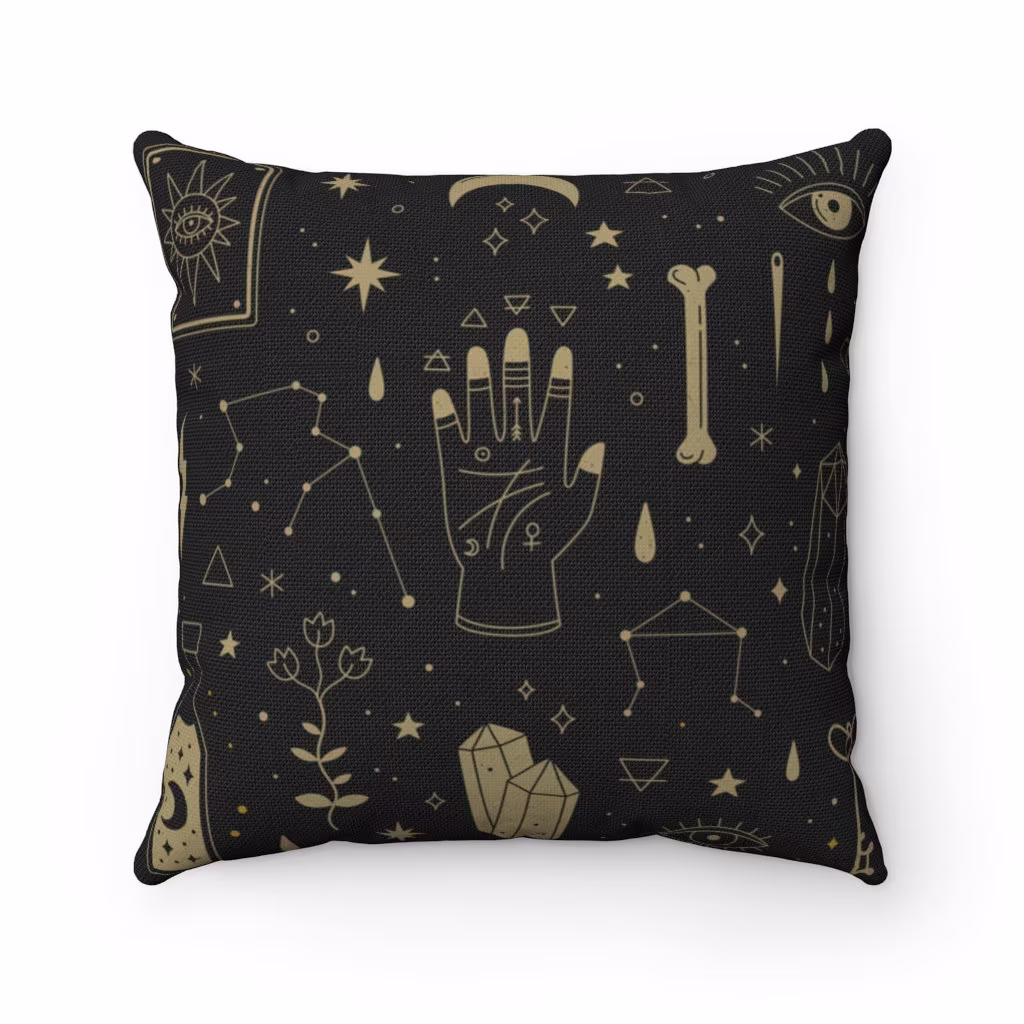 Black Mystical Boho Modern Cute Goth Spun Polyester Square Throw Pillow, Witch Decorative Cushion Pillow, Boho Witchy Room Decor Gift