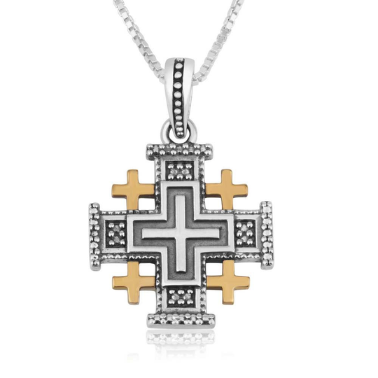 Silver Jerusalem Cross Pendant, Sterling Chains, Gold Plated Engraved Necklaces, Jewelry Gift