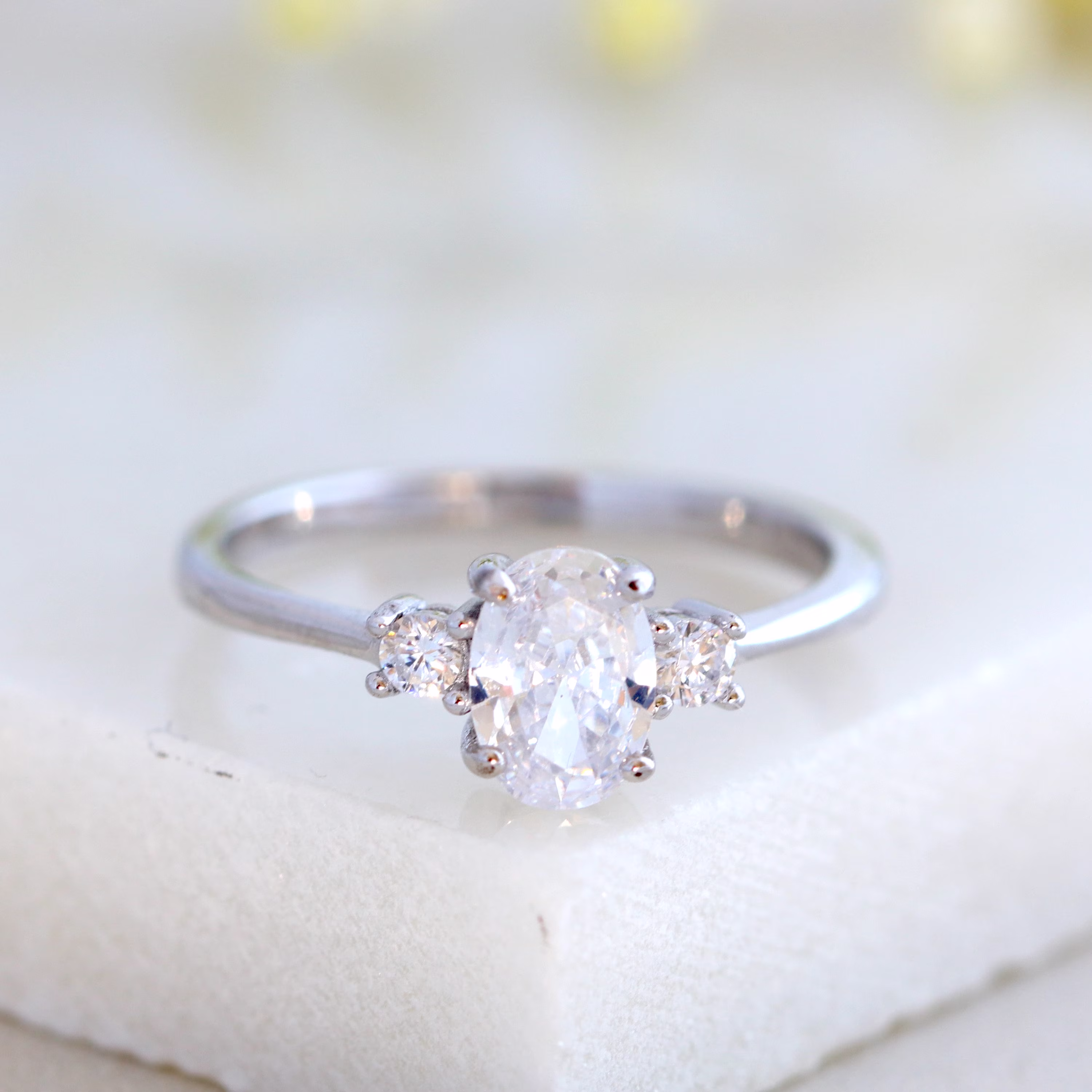 Oval Cut Three Stone Engagement Ring, Sterling Silver Promise Placeholder Anniversary Minimalist Ring