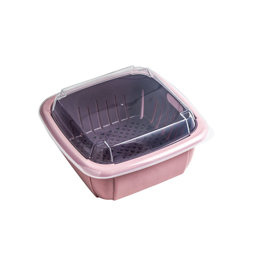 Double Layer Kitchen Fruits Vegetables Washing Drain Storage Basket with Lid - pink