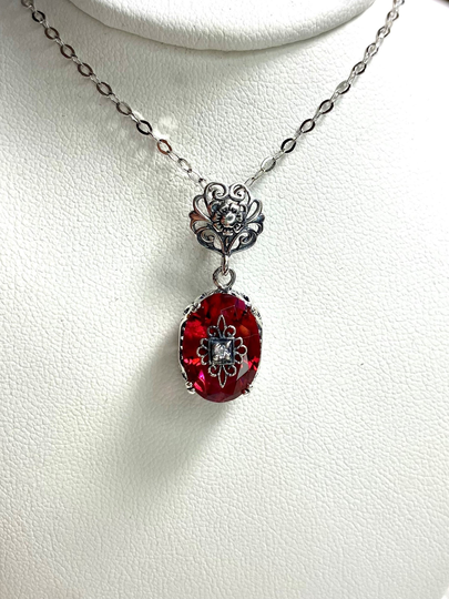 Pink Filigree Necklace/ Sterling Silver/ White Cz, Moissanite, Diamond Embellishment Gem Dangle Edwardian [Made To Order]Design#70E