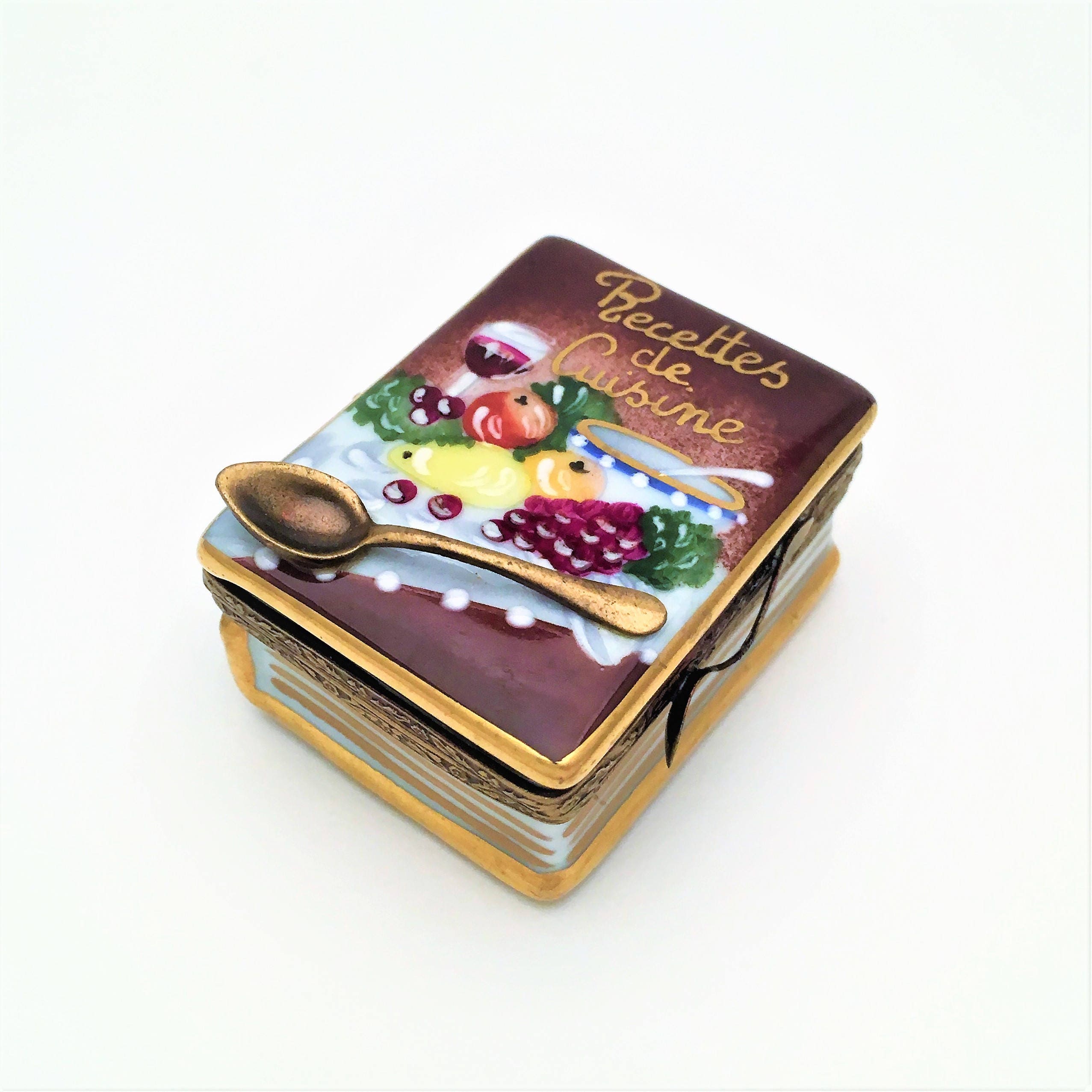 Vintage Limoges, France Porcelain Trinket Box, Hand Painted & Signed Rochard, Recettes De Cuisine Cook Book Shape With Spoon Clasp