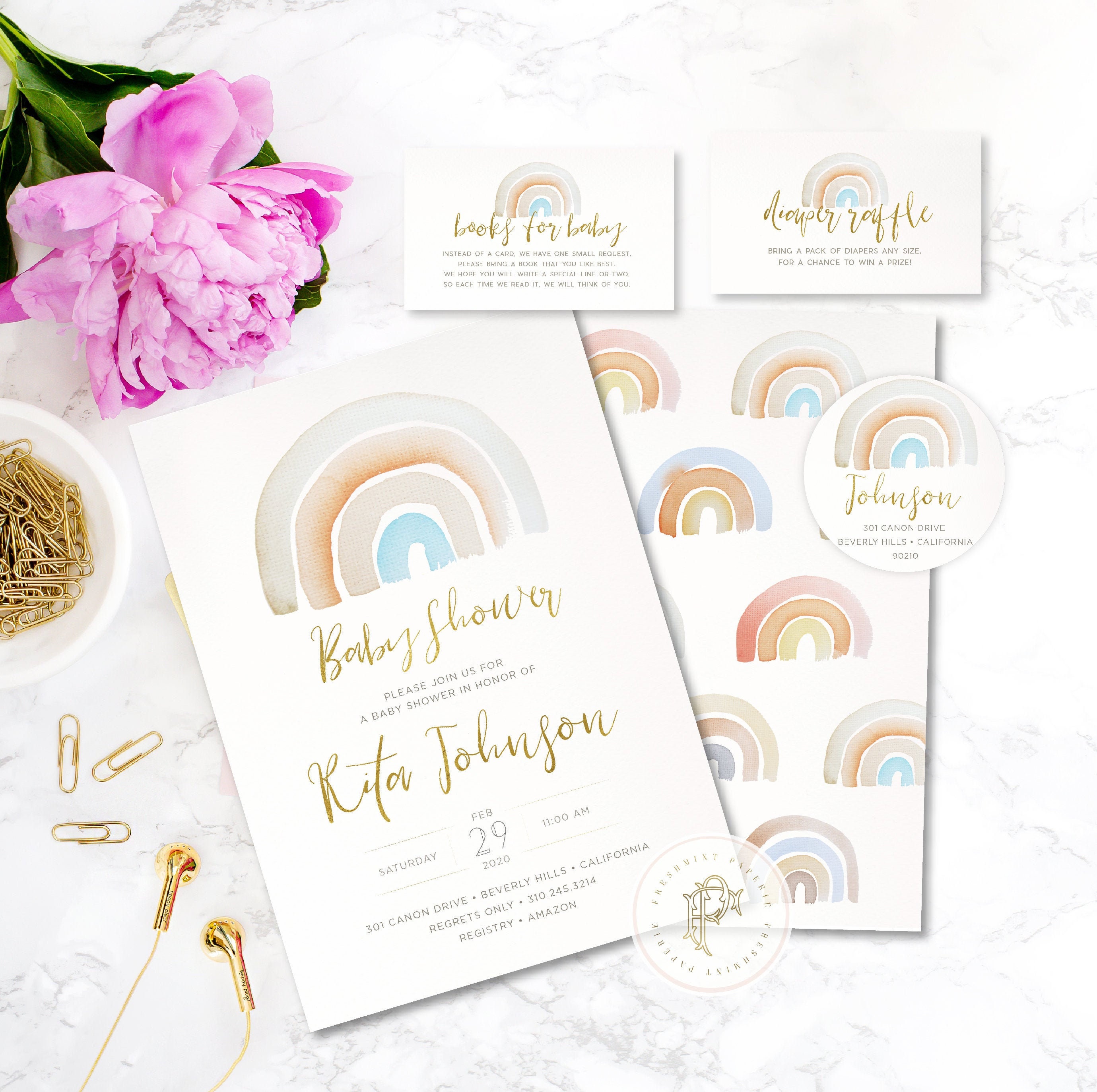 Rainbow Invitation - Watercolor Baby Shower Baby Rainbows