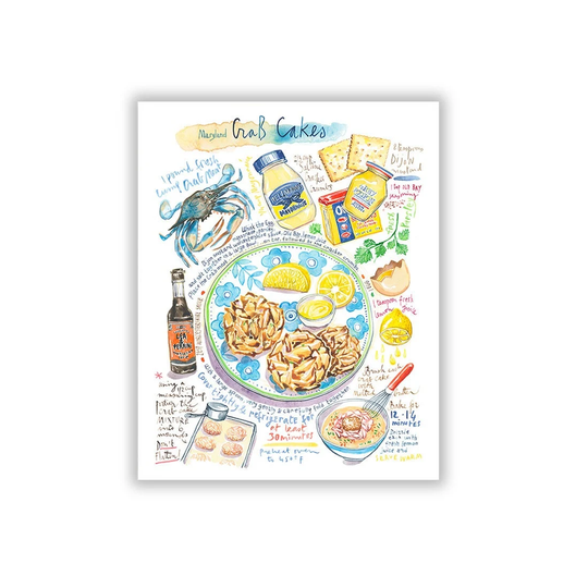 Maryland Crab Cakes Recipe Print, Watercolor Painting, Seafood Illustration, Blue & Yellow Wall Art, Kitchen Decor, Baltimore Food Poster