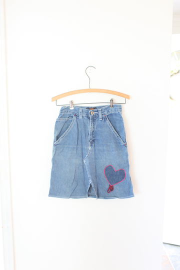 Vintage Butterfly Hearts Patch Blue Denim Jean Chambray Skirt 24 #0602