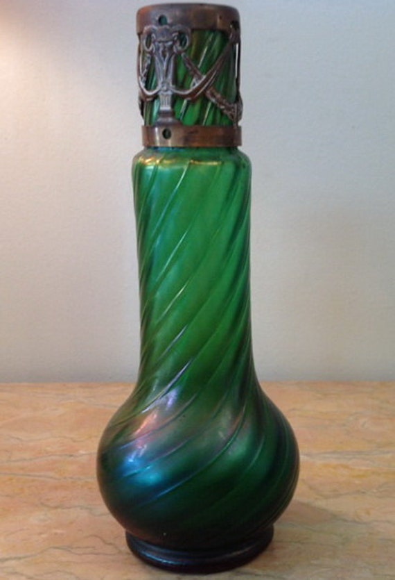 Antique Stolzle, Stltzle Irridescent Spiraled Glass Vase, Metal Ram's Horn Decoration, Bohemian Glass, Cfr. Loetz, Pallme Knig , Early1900