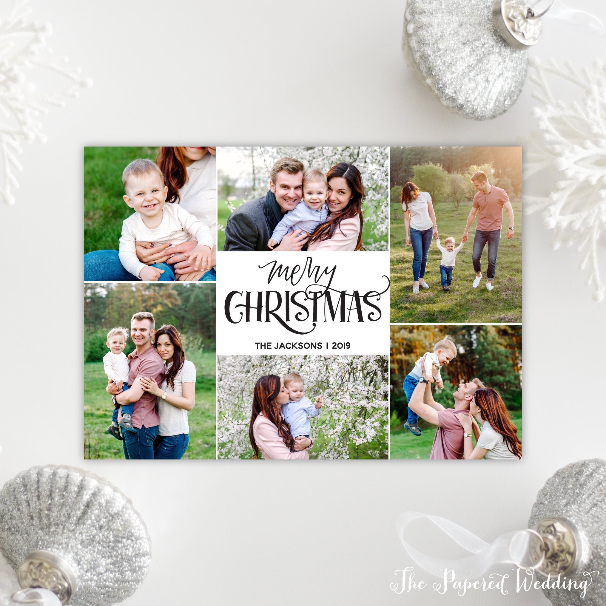 Printable Or Printed Picture Collage Christmas Cards - Six Pictures Cards, Merry Photo in Black & White 112 P4