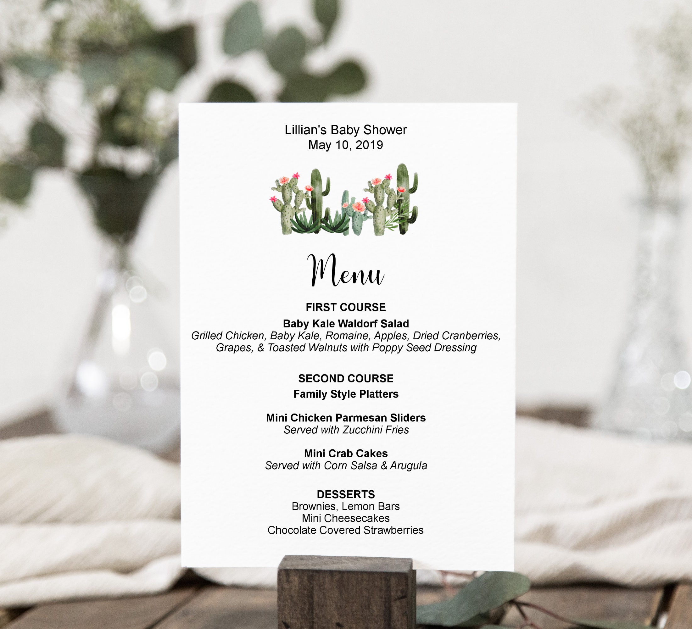 Menu Printable Cactus Bridal Shower Baby Birthday Wedding Sign Personalized Cards B94 C92
