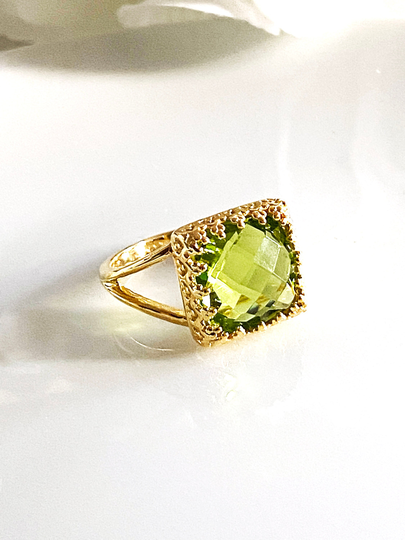 Green Peridot Gold Plated Ring, Natural Gemstone Anniversary Ring For Woman, Statement January Birthstone Cocktail