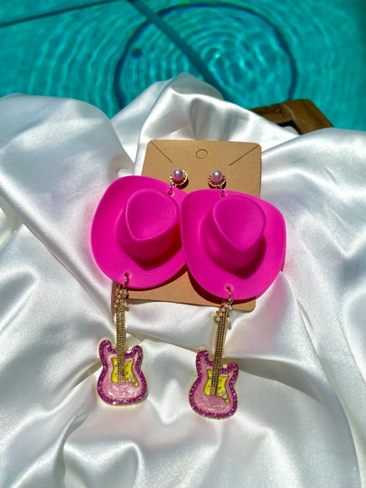 Pink Cowgirl Guitar Nashville Trendy Fun Earrings L Dangling Cowboy
